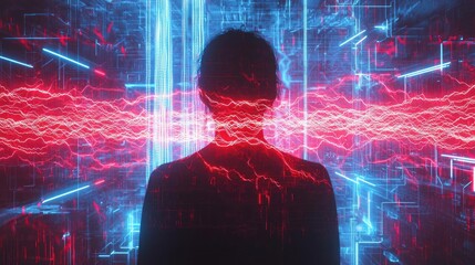 Aufkleber - Abstract representation of a person's silhouette amidst vibrant light patterns.