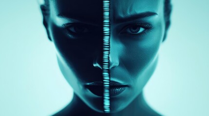 Poster - Half human face, digital art, blue lighting, abstract emotion.
