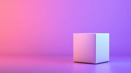 Wall Mural - glowing white cube stands against vibrant purple and pink gradient background, creating modern and artistic atmosphere. soft lighting enhances cube edges, adding depth and intrigue