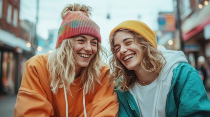 Two women, dressed in colorful hoodies and beanies, share a hearty laugh outdoors, reflecting joy and friendship in an urban environment.