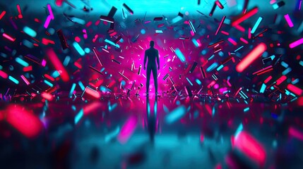 Poster - Silhouette figure surrounded by vibrant lights and abstract shapes, perfect for creative projects.