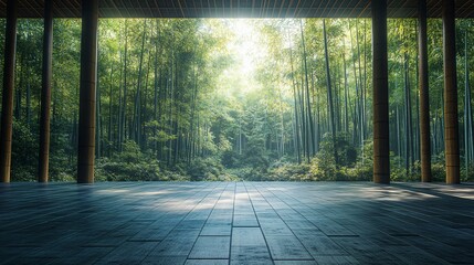 Serene Bamboo Forest Pathway with Parking Area and Brick Road for Automotive Advertising