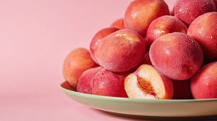 A vibrant pile of ripe peaches artfully arranged on a plate, one cut open revealing its juicy interior, set against a soft pink background for a fresh summer feel.