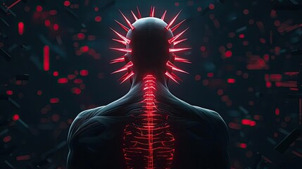 Aufkleber - Futuristic human figure with glowing spine and spikes, dark background.