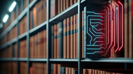 Poster - Bookshelf with futuristic circuit design glowing in neon colors.