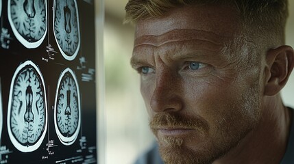 Poster - Doctor examining a brain scan X-ray with a concerned expression looking for stroke indicators with copy space for text