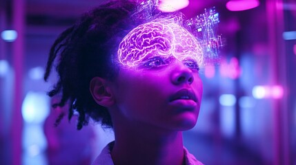 Poster - Doctor using an interactive 3D hologram to discuss brain function with a young stroke patient with copy space for text