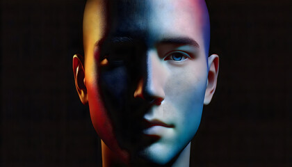 Poster - A digital face with contrasting textures and colors, showcasing a blend of human and abstract elements against a dark background.