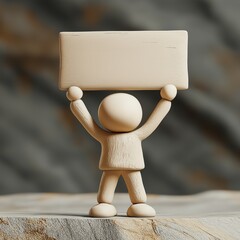 A minimalist clay figure raises a blank sign above its head, ready for customization. This versatile visual can convey various messages effectively.