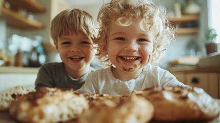 Two children with curly blonde hair are joyfully making a mess while baking in the bright kitchen, covered in chocolate and flour, sharing laughter and fun.