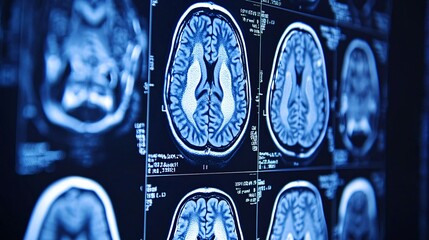Poster - Doctor and nurse analyzing MRI brain images to locate damaged areas in a young stroke patient with copy space for text