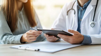 Poster - Nurse using a tablet to explain upcoming physical therapy to a stroke patient with copy space for text