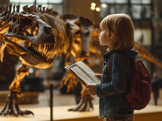 Child Learning About Ancient History in Museum with Dinosaur Skeleton Display