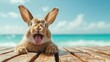 © JoxyAimages - A lovable rabbit displays a playful mood by sticking out its tongue while lounging on a wooden surface with a clear blue sky and ocean waves gently in the background.