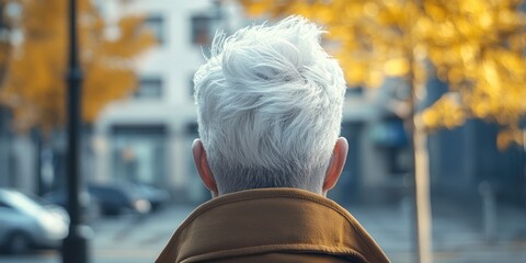 The rear perspective showcases a man with distinctive white hair styles that highlight his unique appearance and add character to his look.