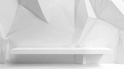 Poster - Elegant White Abstract Stage with Futuristic Geometric Style, Featuring Simple Lines and Polygons, with a White Wood Shelf for Product Display and Presentation