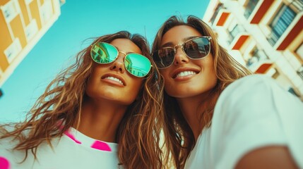 Bright smiles adorn two women wearing reflective sunglasses as they enjoy a sunny day out, surrounded by a vivid blue sky and vibrant urban backdrop.