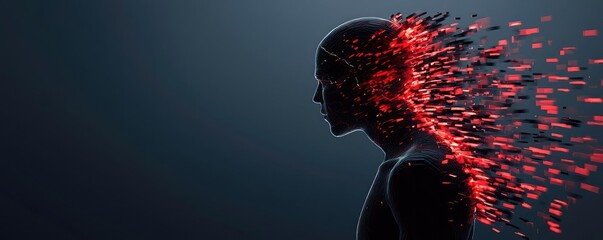 Poster - Conceptual representation of transformation, human silhouette with dynamic particles.