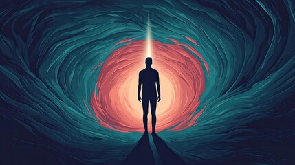 Poster - Silhouette of a person standing in a colorful swirling tunnel of light.
