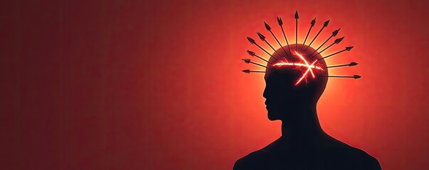 Aufkleber - Silhouette of a person with arrows and bright light representing struggle and focus.