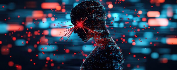 Aufkleber - Digital silhouette of a human with abstract glowing elements in a futuristic background.