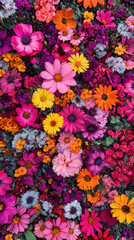 Wall Mural - Vibrant field of colorful flowers in various shades of pink, yellow, and orange, creating lively and cheerful atmosphere