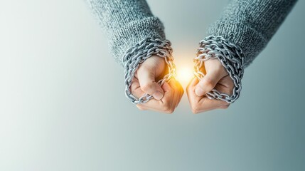 Poster - Hands breaking free from chains, symbolizing freedom and liberation, white isolate background.