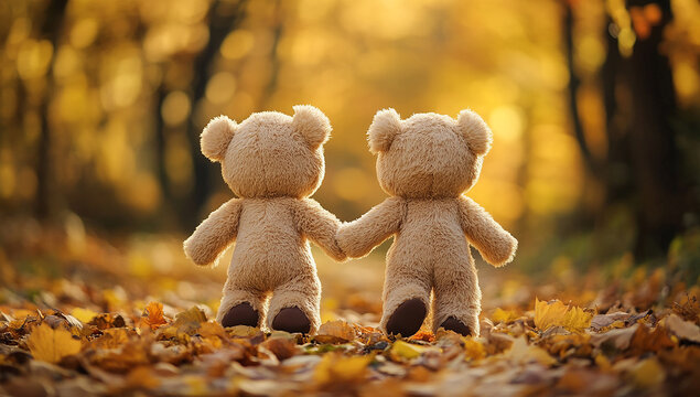 A cute teddy bear couple holding hands and walking hand in hand on the road, with autumn leaves symbolizing of friendship