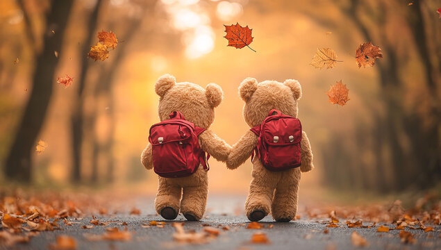 A cute teddy bear couple holding hands and walking hand in hand on the road, with autumn leaves symbolizing of friendship