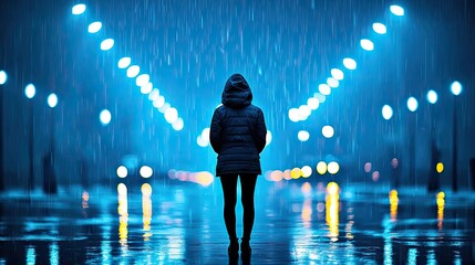 Poster - Person standing alone in the rain under streetlights, moody blue atmosphere.