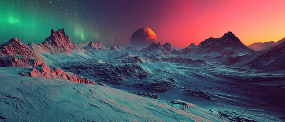 Wall Mural - A beautiful, colorful, and serene landscape with a large red planet in the sky