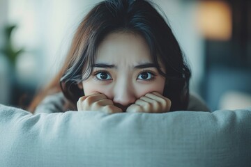 Unhappy anxiety young Asian woman covering her face with pillow on the cough in the living room at home, Generative AI