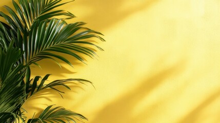 The green palm leaves create a captivating contrast against a vibrant yellow wall, enhanced by sunlit shadows, evoking a sense of peace and warmth.