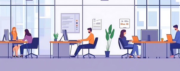 Poster - A modern office space with people working at desks and plants for a productive environment.