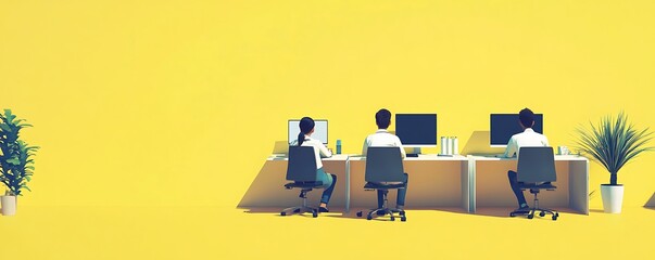 Poster - A modern office scene with three individuals working at desks against a bright yellow backdrop.