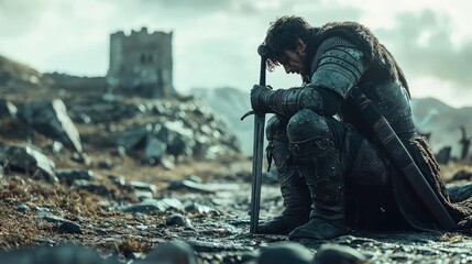 Poster - A warrior kneels in contemplation on a rugged landscape with a distant castle.