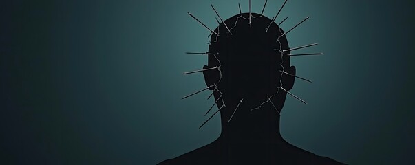 Poster - Silhouette of a head with spikes, moody light, conceptual representation of pain.