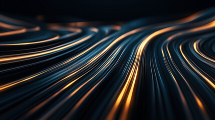 Abstract image featuring curving lines of blue and orange light creating a dynamic wave-like pattern on a dark background, representing motion and energy.