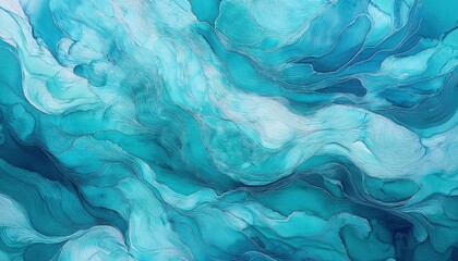 Poster - Ethereal Ocean Flow. Abstract Aerial Aqua Turquoise Background with Organic Textured Waves, Perfect for Calming Design Projects, Meditation Apps, and Spa Branding Concepts