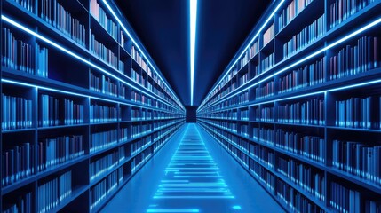 Poster - Modern library interior with illuminated shelves and blue lighting
