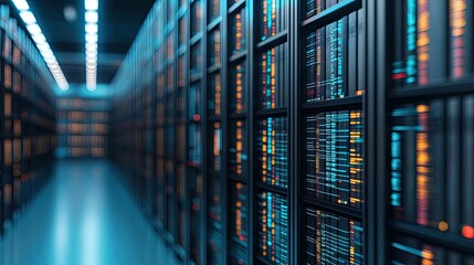 Poster - Data center aisle with rows of servers and glowing lights, modern tech environment.