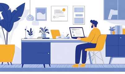 Poster - A modern workspace featuring a person working at a desk with plants and decor.