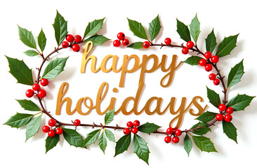 Wall Mural - happy holiday golden sign with holy berry leaves and berries on white background