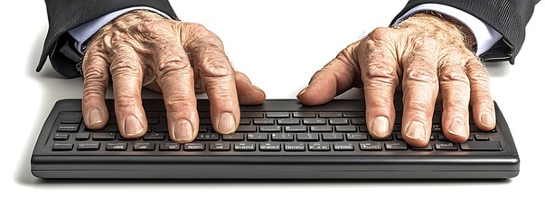 Poster - Close-up of aged hands typing on a keyboard, symbolizing technology use and communication.