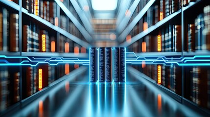 Poster - Digital data storage concept with glowing servers and library backdrop.