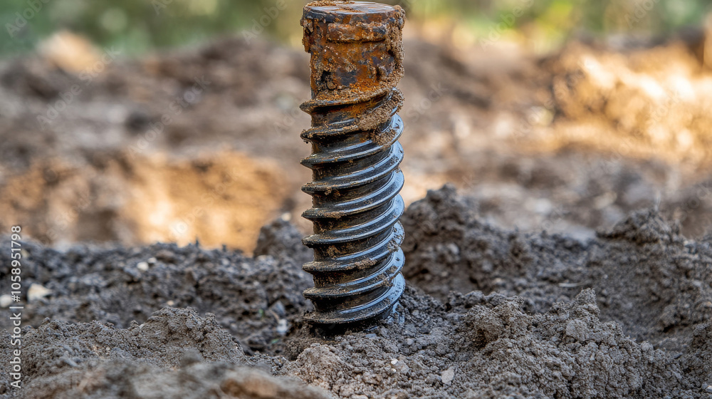 detailed screw pile structure, metal screw threads highlighted with ...