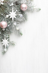 Wall Mural - Christmas and New Year background..Fir branch with Christmas decorations old wooden shabby background with empty space for text.