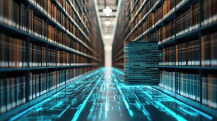 Poster - Digital data flows through a library filled with books, representing knowledge and innovation.