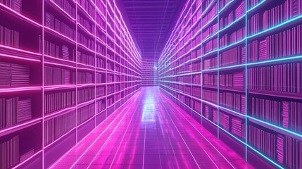 Poster - Futuristic library with glowing shelves, neon lights, and a digital ambiance