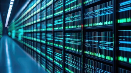 Poster - Futuristic data storage center with glowing lights and digital interfaces.